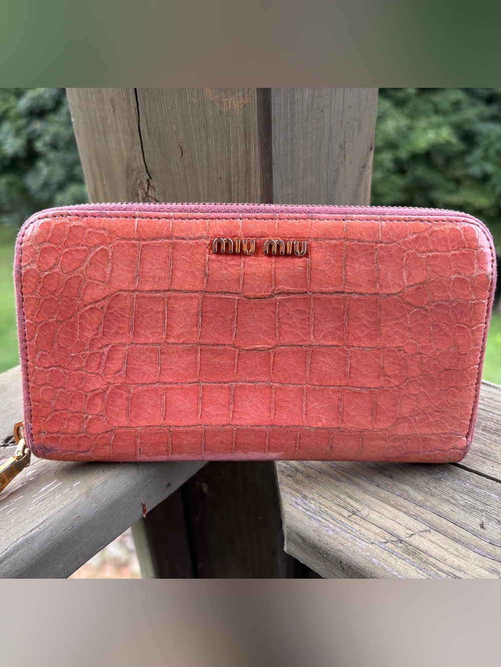 Authentic Miu Miu Croc-Embossed Zip Wallet in Peachy Pink.